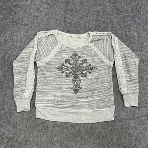 Miss Me Sweater Womens M Gray Cross Rhinestone Studded Pullover Knit Top Y2K